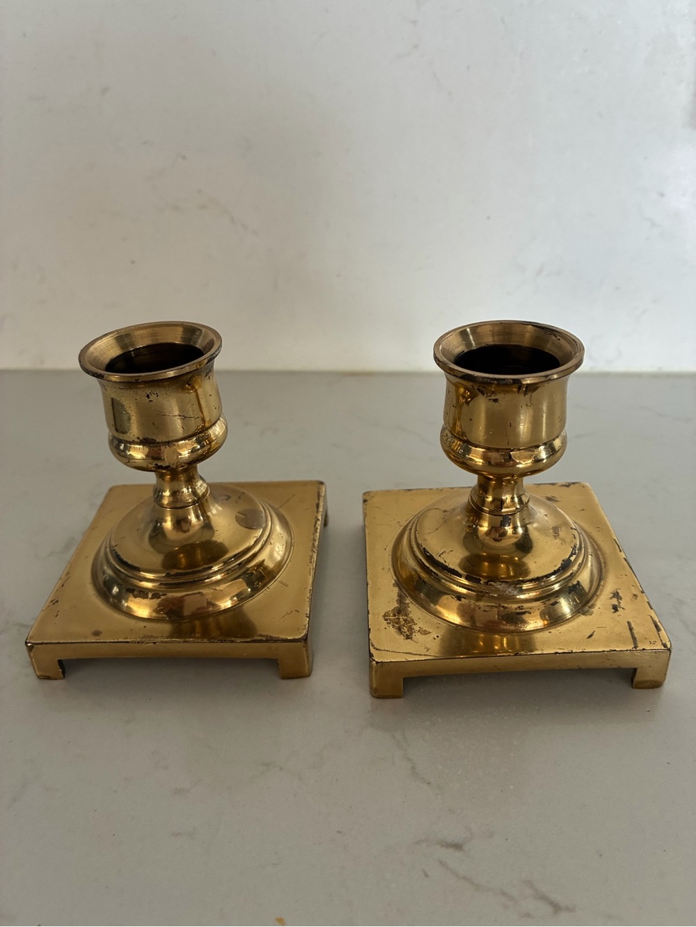 Vintage set of Brass Square Base Candlestick Pair - Made in England